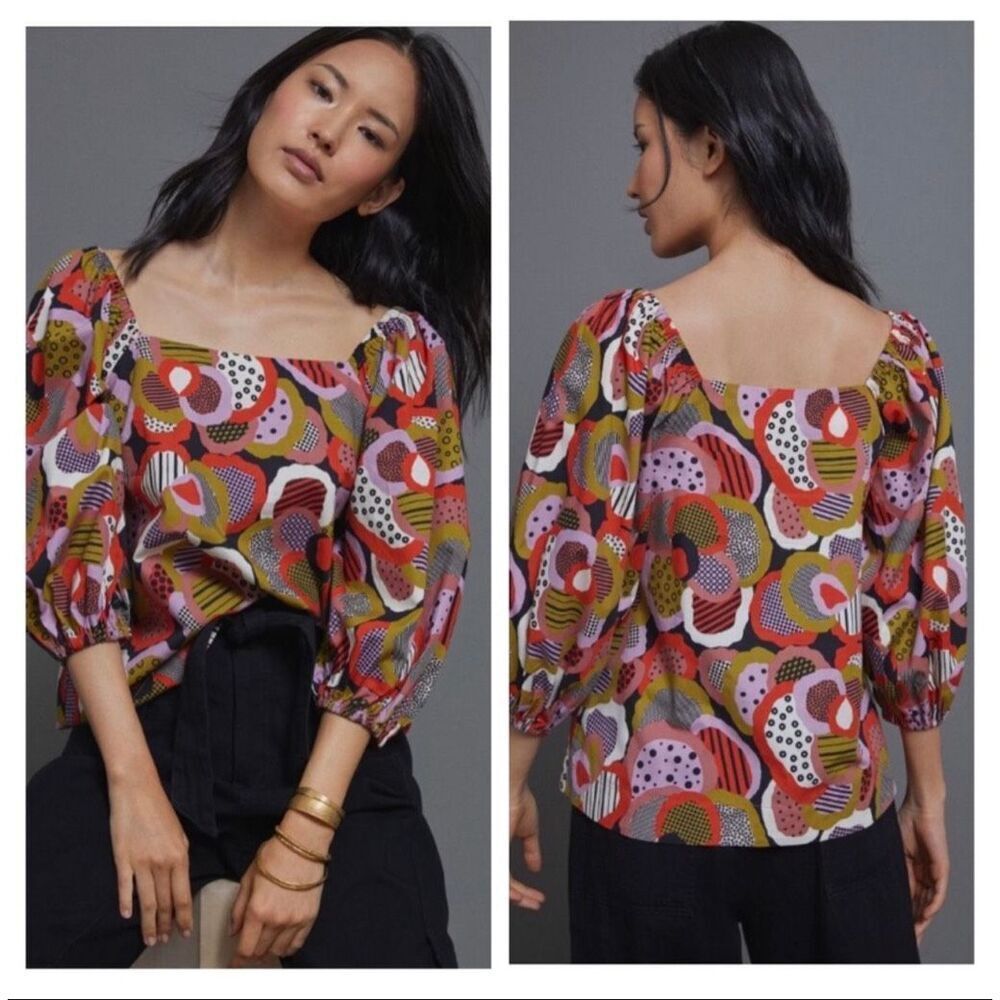 Anthropologie Porridge Shannon Swing Multicolor Abstract Floral Ballon Sleeve Bl